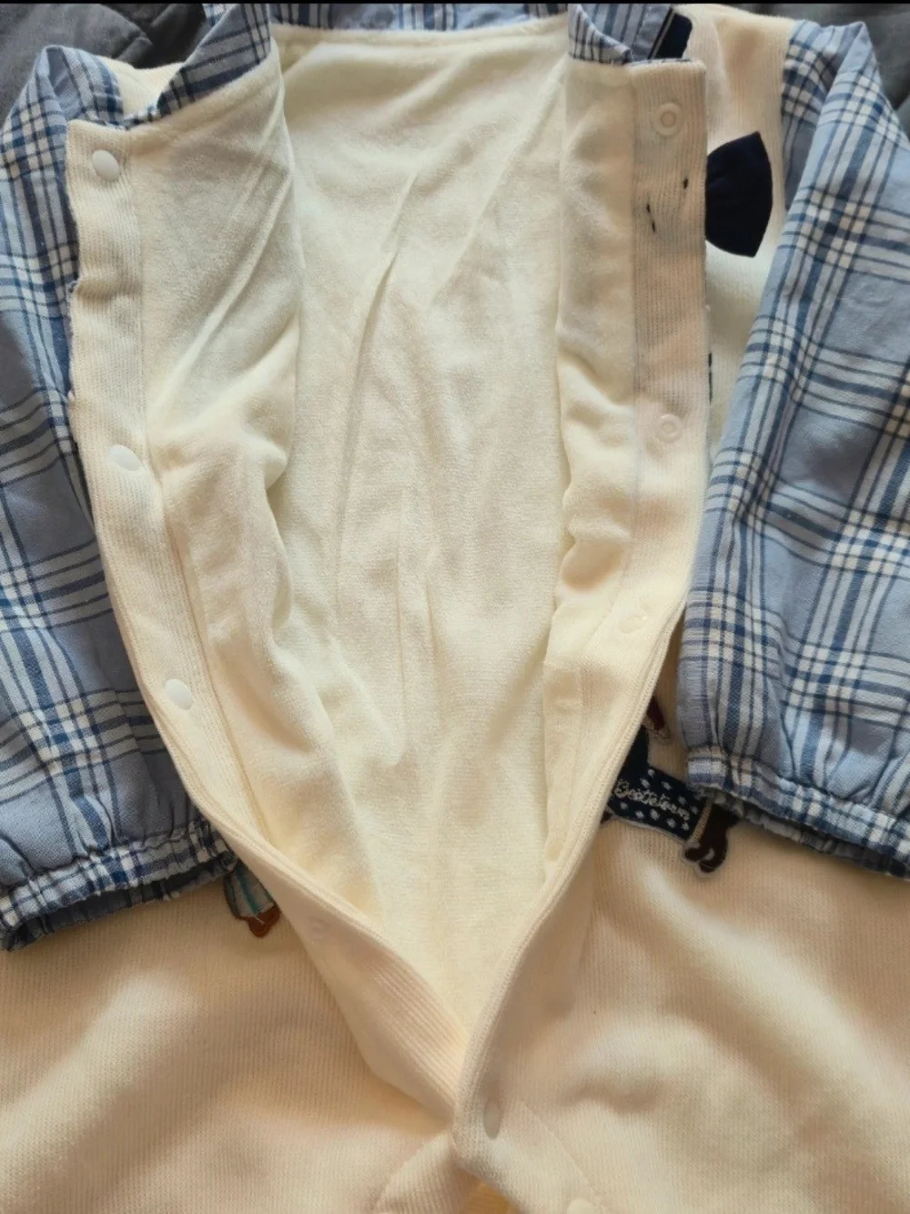 Cream & Blue Puppy Appliqué Footed One-Piece with Bow